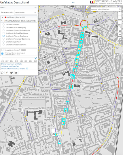 Karte des Unfallatlas mit Blick auf die Hammer Straße vom Kreisel bis Friedrich-Ebert-Straße. Markiert sind die Orte mit Unfällen mit Radverkehrsbeteiligung.