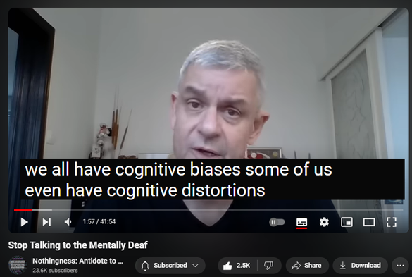 https://www.youtube.com/watch?v=xaE236KEGnU
Stop Talking to the Mentally Deaf


51,306 views  17 Jul 2023  Nothingness and Mental Health
WATCH Expose Narcissist’s Secret Speech    • Expose Narcissist’s Secret Speech  

Grandiosity is a cathected cognitive distortion intended to fend off life-threatening shame and hurt, depression, and suicidal ideation.

Inward Listening to internal objects (internal speech) overrides external stimuli (psychosis) whenever there is a cognitive dissonance (reciprocal inhibition via brain’s corollary discharge).

Gradually schizoid isolation, withdrawal, avoidance. The risk of being victimized is too large: solipsism breeds gullibility and vulnerability. 

Selective auditory attention (selective hearing via bottlenecking): filtering, enhancing, selective perception, sensory contrast (background noise), prioritizing.

Selective retention

Selective perception 

Frames of reference (framing)