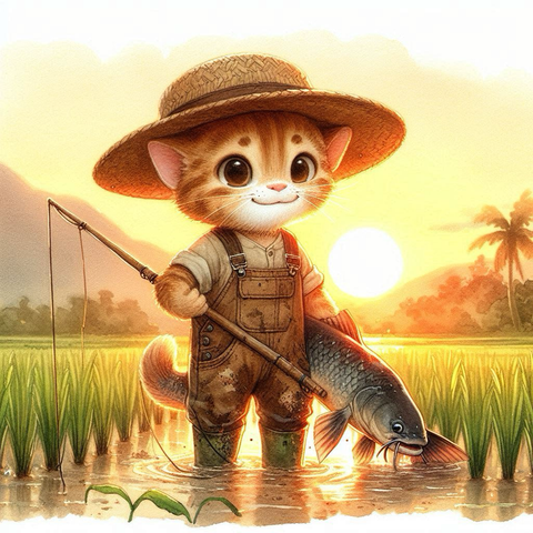 田んぼの主のなまずを捕まえた子猫が誇らしげに立っている。
