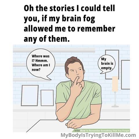 Oh the stories I could tell you, if my brain fog allowed me to remember them [a pic of a guy trying to think 'Where was I? Hmmm. Where am I now? My brain is empty'