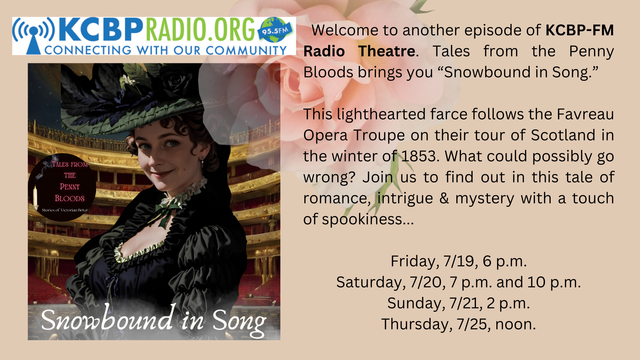 image of a Victorian opera singer in a feathered hat, in an opera house, smiling at the viewer; top: logo banner of KCBP Radio