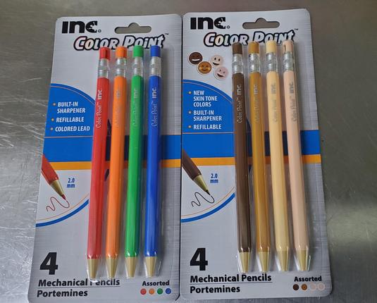 Two sets of four pencils on hanger cards. One of primary colors plus orange.  The second skin tones from brown to pale pink.
