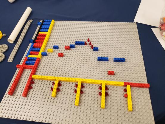 Legos arranged on a large, grey lego board. The legos stuck to the board are colorful and patterned in a two dimensional space.

To not spoil the fun of guessing the tune, I'll put their arrangement here in numeric notation where "0" is the center, "1" is one above the center, "2" is two above, "-1" is one below, and so forth. Assume that we are in a diatonic space.

The pattern is: 0, 1, 2, 0, 2, 3, 4, 4, 5, 4, 3, 2, 0, 0, -3, 0

(Well, there is a mistake in the photo, but that's what the pattern is suppose to be.)

Some of the bricks are longer than others, indicating length. For those that need the length of the note to better guess the tune, I'll re-write it below with the following additional notation: A "q" indicates that the brick is two across; an "s" indicates that the brick is only one across; and a "h" indicates that the brick is four across.

The pattern is: 0 q, 1 q, 2 q, 0 q, 2 q, 3 q, 4 h, 4 s, 5 s, 4 s, 3 s, 2 q, 0 q, 0 q, -3 q, 0 h

There is also some bricks at the bottom delineating bar lines and repeats. And at left, the bricks are patterned like the white keys on the piano. At far left, every g pitch is indicated with one additional brick.