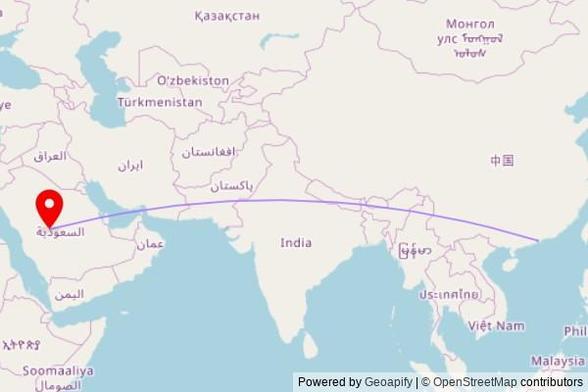 A map showing the great circle route from Tuen Mun District in China to a map pin at مسجد الصناعية, طريق المطار, Afif, Saudi Arabia