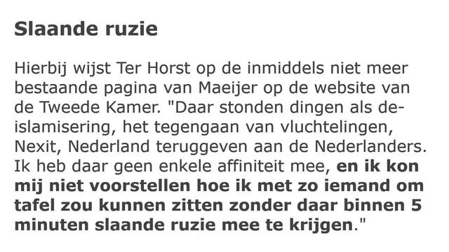 Slaande ruzie
Hierbij wijst Ter Horst op de inmiddels niet meer bestaande pagina van Maeijer op de website van de Tweede Kamer. "Daar stonden dingen als de-islamisering, het tegengaan van vluchtelingen, Nexit, Nederland teruggeven aan de Nederlanders. Ik heb daar geen enkele affiniteit mee, en ik kon mij niet voorstellen hoe ik met zo iemand om tafel zou kunnen zitten zonder daar binnen 5 minuten slaande ruzie mee te krijgen."

-- Created with TXT2IMG https://Tusk.Ninja