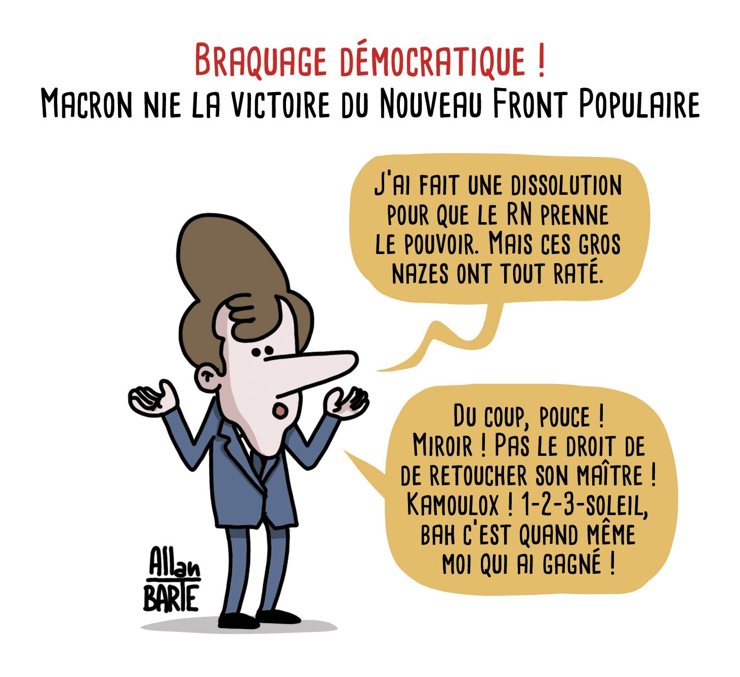 Titre : Braquage démocratique ! Macron nie la victoire du Nouveau Front Populaire
Macron, semblant constater une évidence :
- J’ai fait une dissolution pour que le RN prenne le pouvoir. Mais ces gros nazes ont tout raté.- Du coup, pouce ! Miroir ! Pas le droit de de retoucher son maître !Kamoulox ! 1-2-3-soleil, bah c’est quand même moi qui ai gagné !