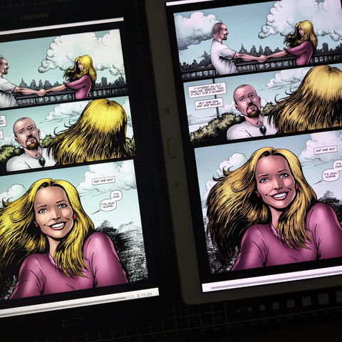 Two tablets showing the same penultimate panel of The Boys where Hughie is with Annie.