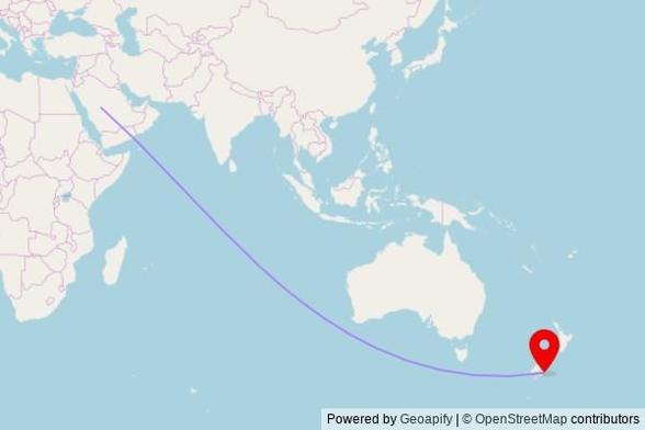 A map showing the great circle route from Afif in Saudi Arabia to a map pin at All Saints Anglican Church, 786 Cumberland Street, North Dunedin, Dunedin 9016, New Zealand