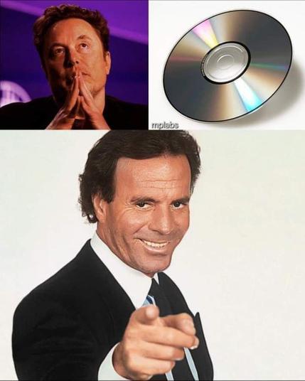 Imagen en la que aparecen de izqda a dcha y de arriba abajo:
Una foto de Elon Musk
Una foto de un compact disc
Una foto de Julio Iglesias.