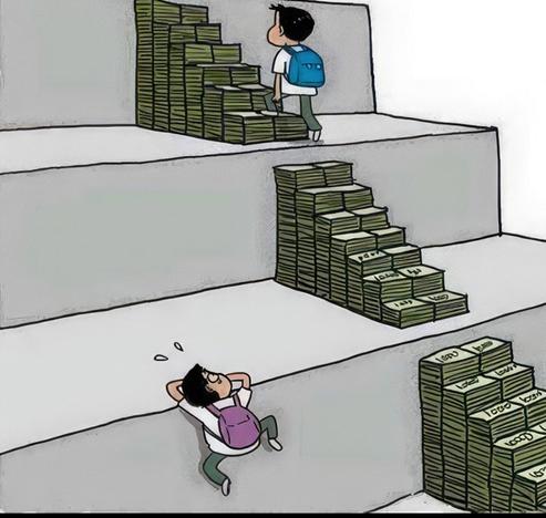 Das Bild zeigt zwei Kinder mit Rucksäcken, die versuchen, eine hohe Mauer zu erklimmen. Das eine Kind steigt eine Treppe aus Geldscheinen hinauf und hat es leichter, während das andere Kind Schwierigkeiten hat, weil seine Treppe aus weniger Geldscheinen besteht und eine größere Lücke aufweist. Das Bild symbolisiert die ungleichen Startbedingungen im Leben aufgrund finanzieller Unterschiede.