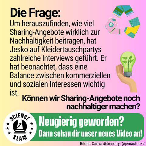 3)	Text: „Die Frage: Um herauszufinden, wie viel Sharing-Angebote wirklich zur Nachhaltigkeit beitragen, hat Jesko auf Kleidertauschpartys zahlreiche Interviews geführt. Er hat beobachtet, dass eine Balance zwischen kommerziellen und sozialen Interessen wichtig ist. Können wir Sharing-Angebote noch nachhaltiger machen?“ Daneben sind Comic-Zeichnungen von Kleidungsstücken, die im recycling-Logo angeordnet sind.