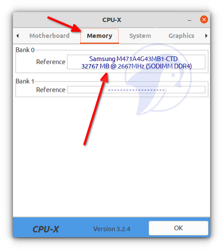 CPU-X GUI tools showing memory details under Linux