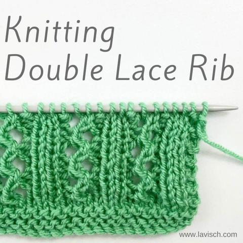 A swatch of the double lace rib stitch pattern in green yarn on a grey knitting needle.