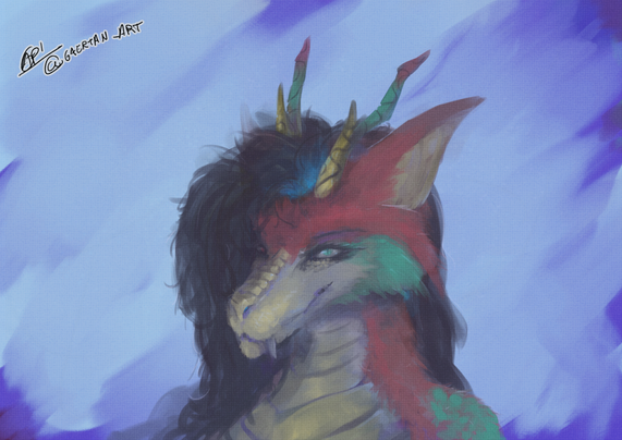 digital illustration of an anthropomorphic oriental furred dragon, with a long black curly mane, glowing blue towards the roots, and red fur, yellow scales and fur, and teal scales and fur as well.She's sporting two gnarly horns with the same colors and some curved engravings on them