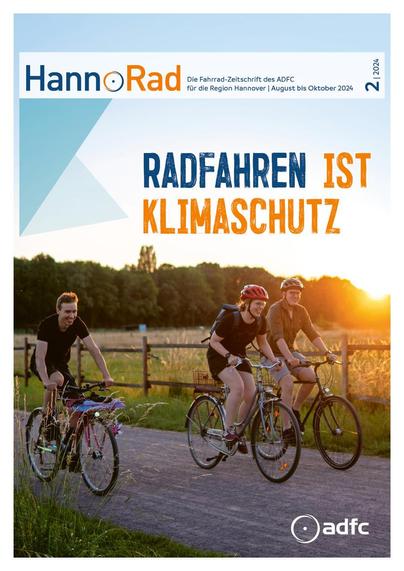 3 Radfahrende auf einem Feldweg. Im Hintergrund eine Wiese mit Holzzaun und Baumbestand durch den die Abendsonne scheint.
Titelbild der neue HannoRad 2024/2 - Die Fahrrad-Zeitschrift des ADFC für die Region Hannover/August bis Oktober 2024