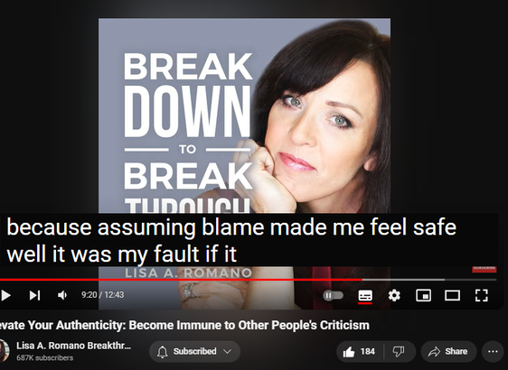 https://www.youtube.com/watch?v=A2aQtmOdxVk
Elevate Your Authenticity: Become Immune to Other People's Criticism

2,117 views  24 Jun 2024  Codependency Recovery Podcast: Breaking Free of Codependency For Good
✅ Register for my most popular groundbreaking transformational and psychologist-approved online healing program
https://www.lisaaromano.com/12wbcp 

Elevate Your Authenticity: Embrace Mistakes and Let Go of Criticism with Lisa A. Romano

Join Lisa A. Romano in this transformative episode as she guides you on a journey to elevate your authenticity. Learn the power of embracing mistakes as stepping stones to growth and self-discovery. Discover how to withstand criticism without compromising your true self. Explore the liberating practice of letting go of attachment to specific outcomes, allowing you to flow effortlessly with life's unfolding.

Tune in for valuable insights and practical tools on:
- Embracing imperfection
- Standing strong in your authenticity
- Navigating the path to self-empowerment