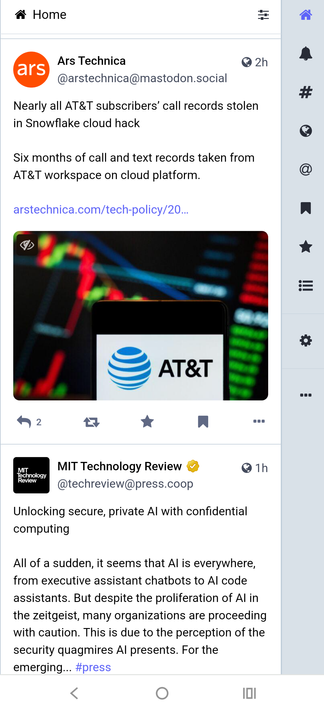 A screenshot of two consecutive stories on a Mastodon users feed. The first story is coverage of AT&t's data hack. The second story is by MIT technology review encouraging businesses to adopt AI.