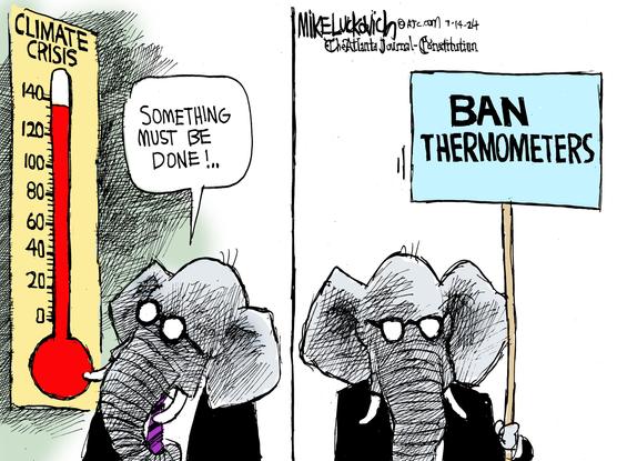 A cartoon by Mike Luckovich, in 2 panels.

1. An elephant in a suit is looking at a big thermometer on the wall, labeled "CLIMATE CRISIS" and showing a near 140℉ temperature.
Elephant says: "SOMETHING MUST BE DONE!"..

2.The elephant is now holding a big blue sign saying:
"BAN THERMOMETERS"
