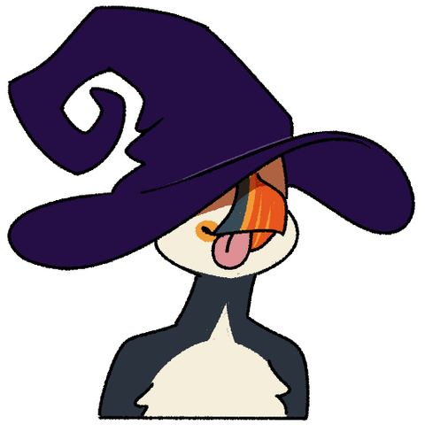 Silly puffin wearing a witch hat way to big for her. art by https://ko-fi.com/kofeeo