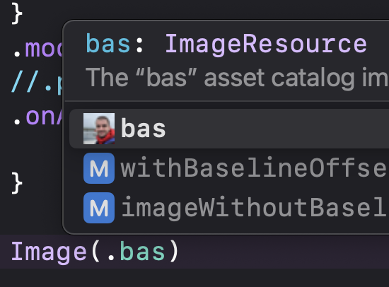 Xcode showing a thumbnail of an image of Bas as I type a partial name of an ImageResource.