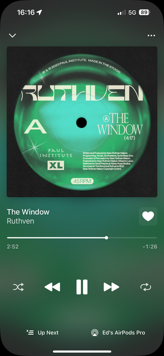screenshot of a music app playing the song “The Window” by Ruthven