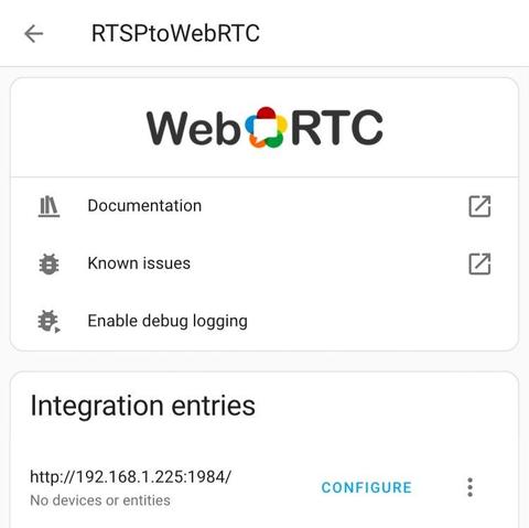 Screenshot of RTSPtoWebRTC integration with options for documentation, known issues, and enabling debug logging.