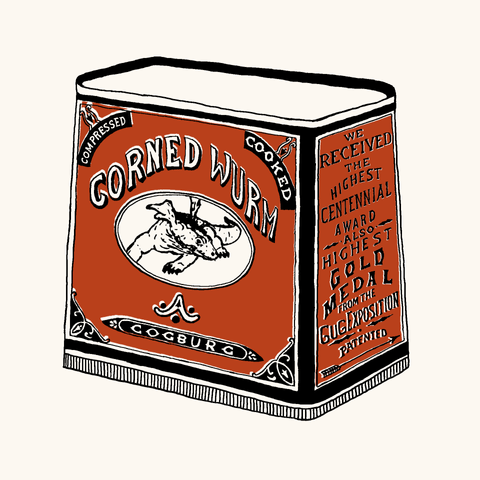 Drawing of old-fashioned tin labelled 