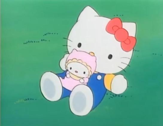 hello kitty with a baby on her lap, the baby looks like a miniature version of hello kitty