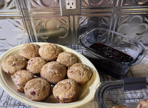 Gluten free red currant muffins and back currant jam from fruit I grew in my front yard