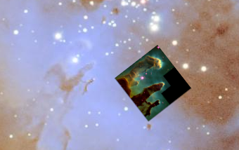 A zoom in on the amateur photo of the Pillars Of Creation, with Hubble's famous image scaled down to roughly match, and overlaid.