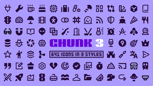 A grid of dark violet icons on light violet background with central text:
Chunk 3 641 icons in 3 styles