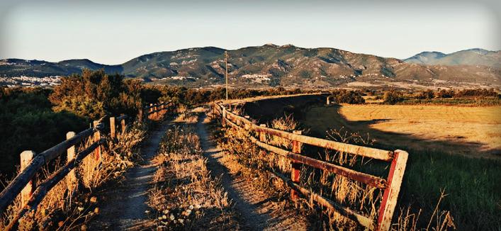 Eine sonnige Szene des Hinterlandes der nordwestlichen Küstenregion Sardiniens mit alten Holzzäunen, einem Feldweg und Hügeln im Hintergrund. 