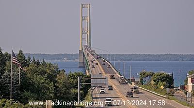 Northeastern view of the Mackinac Bridge traversing the Straits of Mackinac. // Image captured at: 2024-07-13 22:00:24 UTC (about 2 min. prior to this post) // Current Temp in Mackinaw City: 79.26 F | 26.26 C // Precip: clear sky // Wind: WSW at 10.357 mph | 16.66 kph // Humidity: 57%