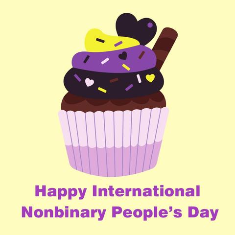 Illustration of a tasty looking cupcake in the purple, white, black and yellow of the nonbinary flag. Text says Happy International Nonbinary People’s Day.
