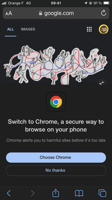 Capture d’écran de Google.com dans Safari sur iOS. Dans une modale, en anglais : Passer à Chrome, une façon sécurisée de naviguer sur son téléphone. 