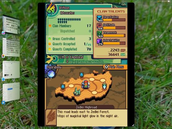 Screenshot of a video game interface showing character stats, clan talents, and a map. The background shows a grass field with open desktop windows.