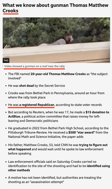 What we know about gunman Thomas Matthew Crooks \ Video showed a gunman on a roof near the rally * The FBI named 20-year-old Thomas Matthew Crooks as 