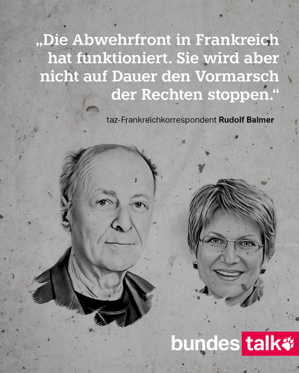 Die gezeichneten Gesichter von Rudolf Balmer und Sabine am Orde, dazu der Text: „Die Abwehrfront in Frankreich hat funktioniert. Sie wird aber nicht auf Dauer den Vormarsch der Rechten stoppen." taz-Frankreichkorrespondent Rudolf Balmer
