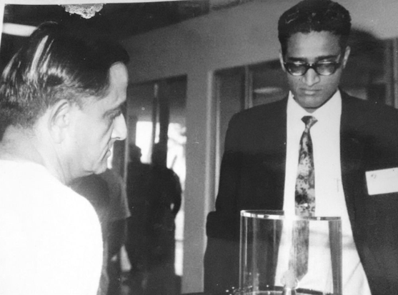 Vikram Sarabhai and  R. Aravamudan 'Dan' looking at Apollo-11 Moon Rock. 
Image courtesy: Gita Aravamudan 'ISRO: A Personal History'