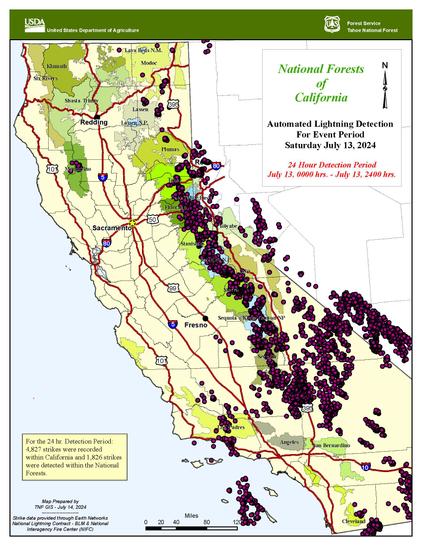 For the 24 hr. Detection Period on Saturday, July 13, 2024:
4,827 lightning strikes were recorded within California and 1,826 strikes were detected within the National Forests.