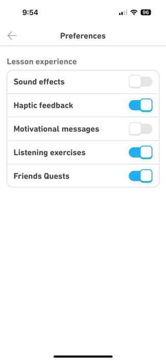 Screenshot of Duolingo app controls to turn off sound effects