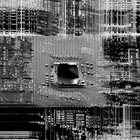 a square reflecting an eye in the center of a motherboard all in glitchy black and white