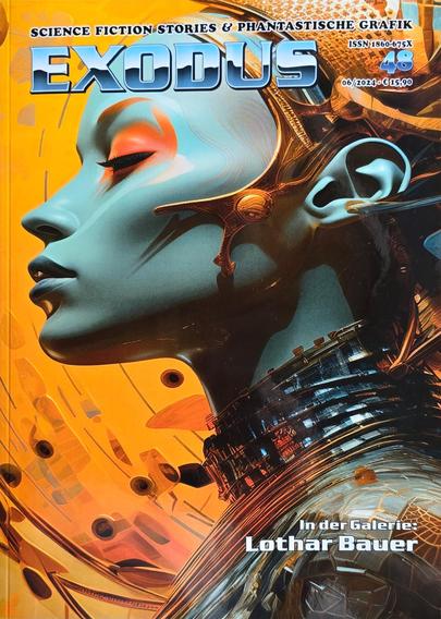 Cover des Exodus-Magazins Nr. 48. Futuristische Illustration einer Frau mit afrikanisch anmutendem Kopf- und Halsschmuck mit dem Titel 