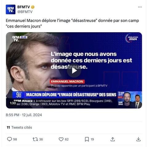 Tweet de BFMtv : «Emmanuel Macron déplore l'image 