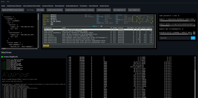 The MOWS Manager IDE website open, with a VNC/VM view, ssh session and k9s open.