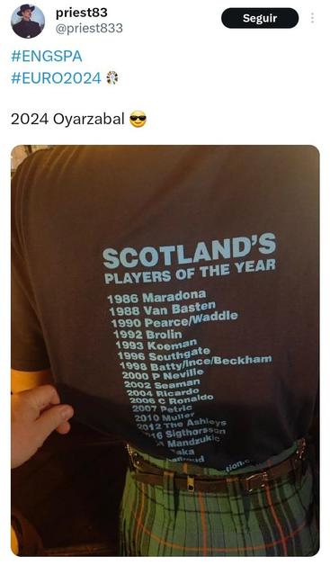 Tuit de @priest833, con la foto de una camiseta que dice "jugador escocés del año", y luego una lista de los jugadores que eliminaron a Inglaterra:
1986 Maradona
1988 Van Basten
1990 Pearce/Waddle (estos fallaron penaltis)
Etc.