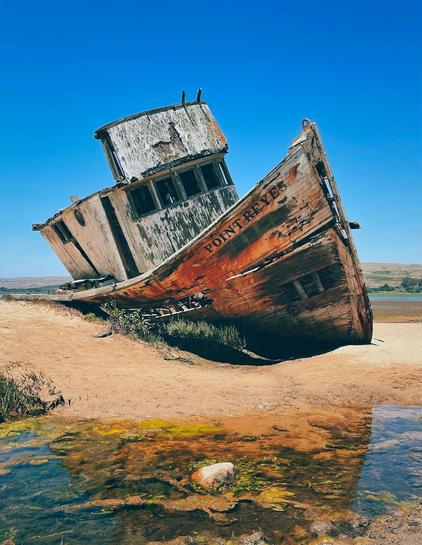 Dramatic photo of an old shipwrecked boat on the shoreline, taken in Inverness, CA. The brilliant, clear blue skies highlight the colorful weathered old wood on the medium-sized fishing trawler craft labeled Point Reyes, along with the sandbar that it sits on in the bay. Clearly the boat has been there for a while and you can see holes in the sides as Mother Nature slowly reclaims the ship (I think there was a recent fire as well which helped). The coolest thing about this is that it’s not hard to find either. Do a search for Point Reyes Shipwreck just north of San Francisco, you’ll find it’s not far off the main road. Makes a fun excursion if you’re in the area!
