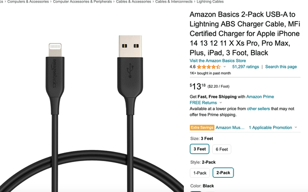 2-pack of 3-ft cables, $13