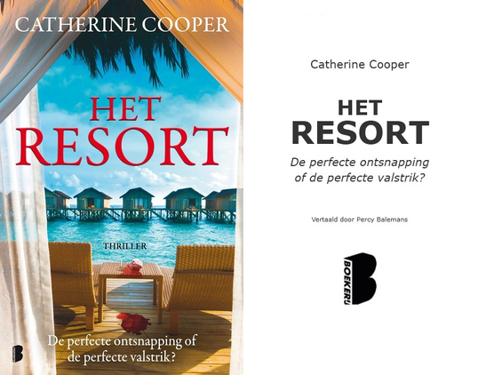 Book cover showing a view of luxury chalets on stilts above a tropical sea. The view is from a terrace with two chairs and a small table in the foreground with a glass of red wine that has fallen over and the red liquid spilling onto the floor.