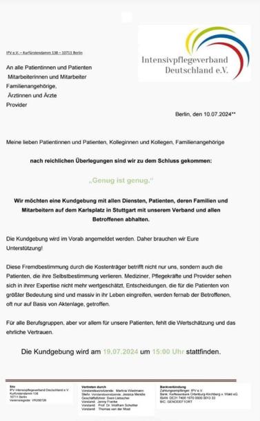 Schreiben des Intensivpflegeverband Deutschland e.V. vom 10.07.2024 mit dem Demoaufruf
